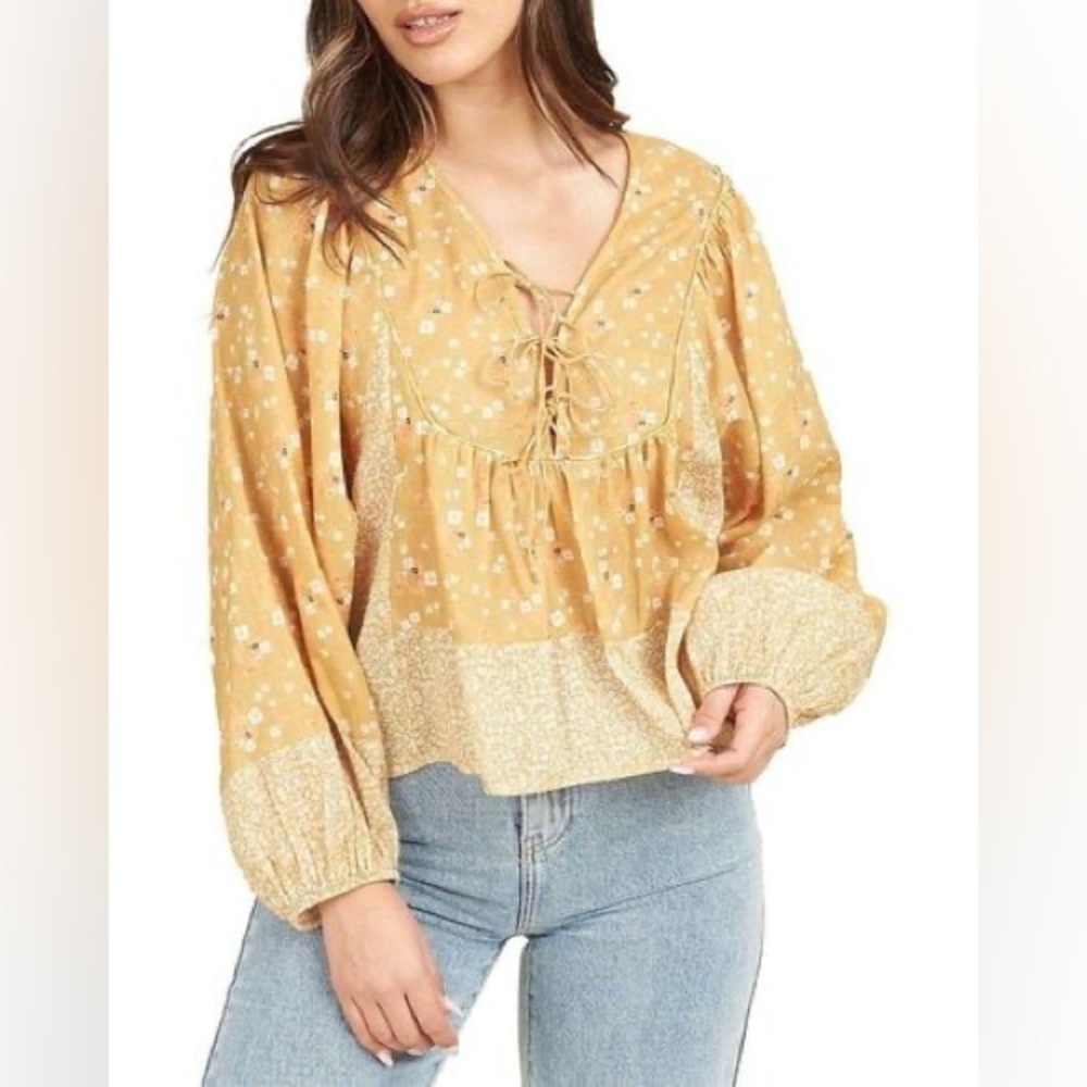 Daniel Rainn NWT linen / cotton floral prints tunic prairie blouse tie front